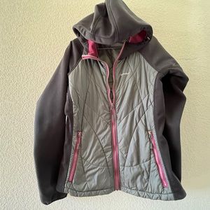 Moosejaw Jacket with hoodie in good condition sz M gray,pink and black color